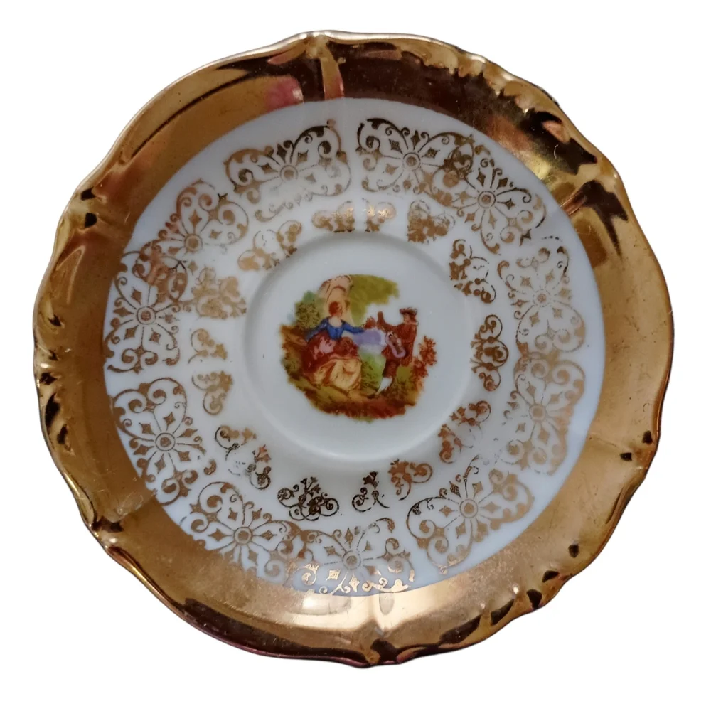 Vtg Jollis Salvream Tea Cup Saucer Gold Trim Porcelain Fragonard Courting Couple